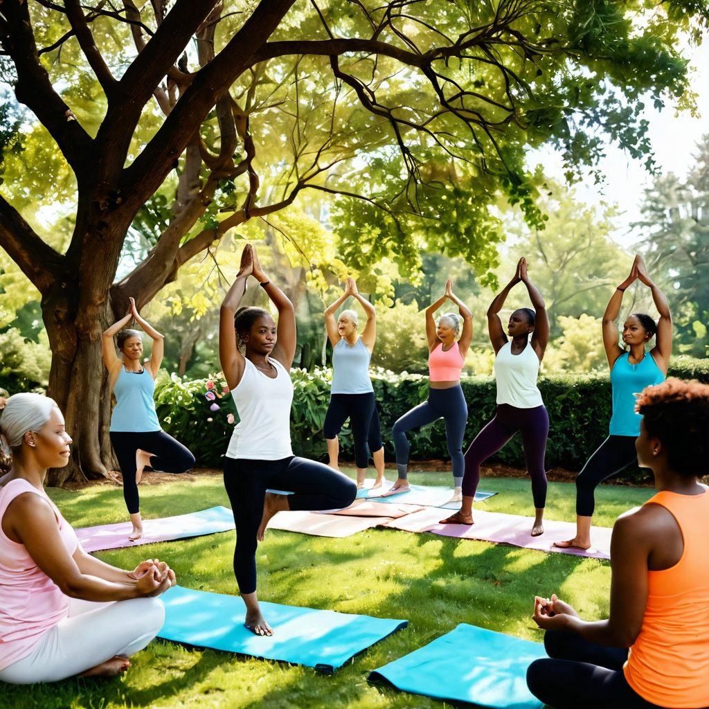 A serene and uplifting scene depicting a group of diverse individuals, including cancer warriors, engaged in various wellness activities like yoga, meditation, and gardening. The background should feature a bright, sunny day with blooming flowers and soft sunlight filtering through trees, symbolizing hope and resilience. Elements like supportive hands and vibrant wellness tools are subtly integrated into the scene, emphasizing unity and empowerment. The overall tone should be warm and inspiring. super-realistic. vibrant colors. soft focus.