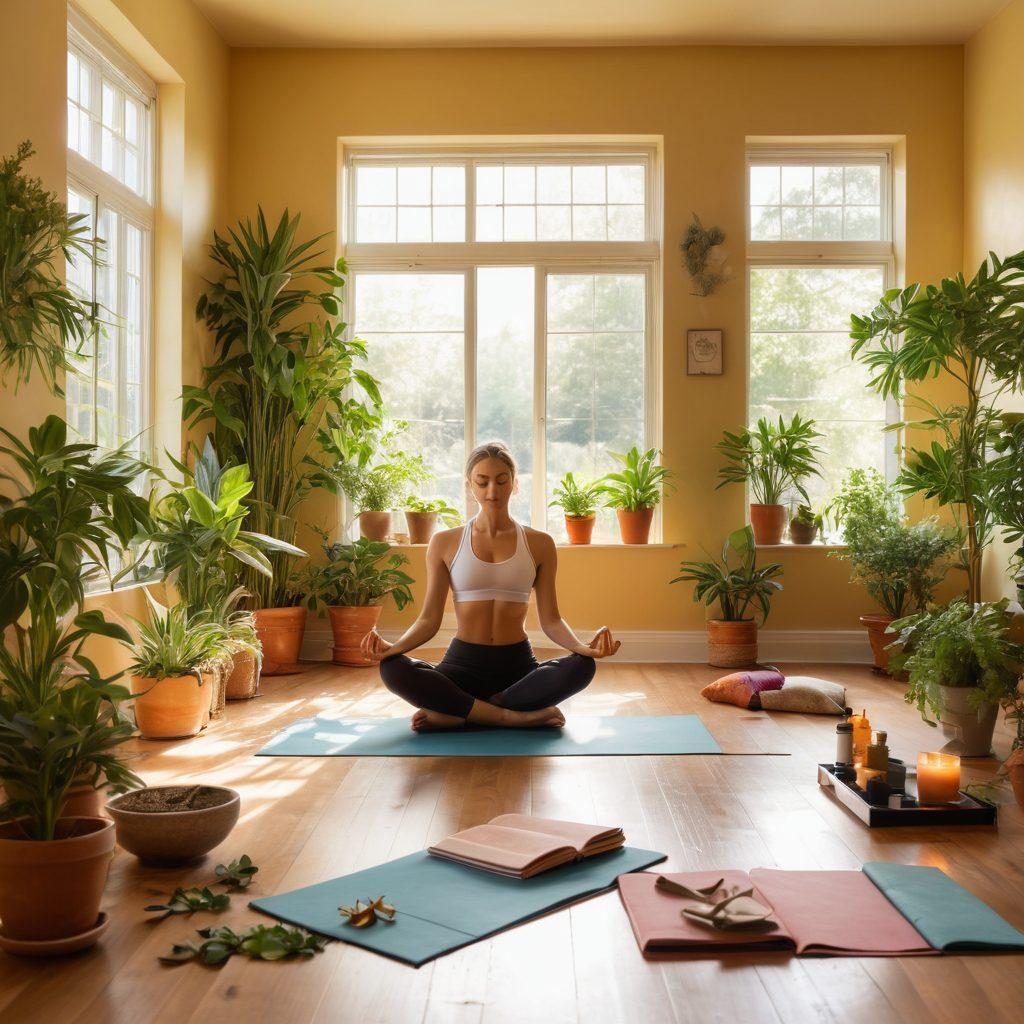 A serene scene depicting a person practicing yoga in a sunlit room, surrounded by plants and wellness items like herbal teas and journals. They are radiating calmness, symbolizing transformation and healing. Include a subtle visual representation of challenges transforming into positive outcomes, like butterflies taking flight. The background should evoke a sense of peace and rejuvenation with soft light. vibrant colors. peaceful ambiance.
