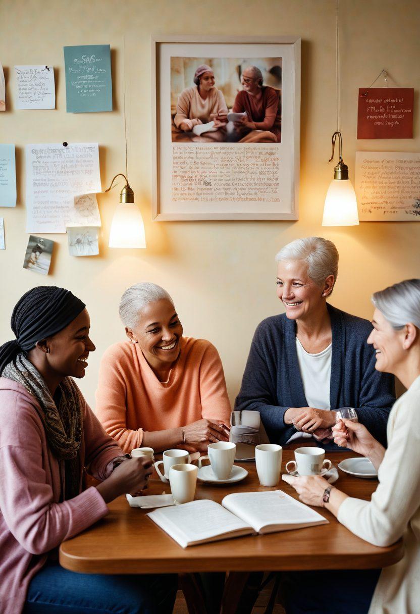 A warm and inviting scene depicting a diverse group of cancer patients gathered in a cozy support group setting, sharing stories and embracing one another. Soft lighting creates a comforting atmosphere, with personal items like journals and tea cups scattered around. Gentle smiles and gestures signify understanding and connection among them. The backdrop shows a wall adorned with inspirational quotes and vibrant artwork reflecting hope and resilience. super-realistic. warm colors. cozy environment.